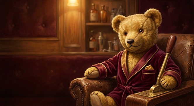 Cartoon teddy character surrounded by slot machine reels and coins